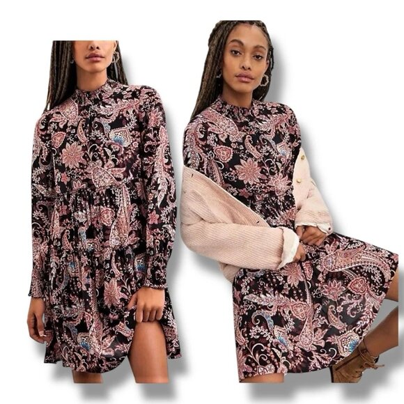 Anthropologie Cady Tiered Ruffle Flowy Paisley Cottagecore Boho Mini Dress sz SM - Picture 1 of 13